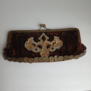 Vintage 90's Brown Velvet Gold Sequin Butterfly Hammered Disc Trim Clutch Bag